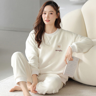 保暖套装 珊瑚绒睡衣女秋冬季 加绒加厚休闲可外穿法兰绒家居服冬款