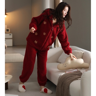 珊瑚绒睡衣女秋冬季保暖加厚加绒拉链款连帽法兰绒大红家居服套装