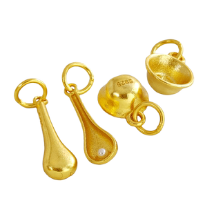 S925银古法镀24K金勺子福碗衣食无忧宝宝吊坠DIY饰品配件银勺银碗