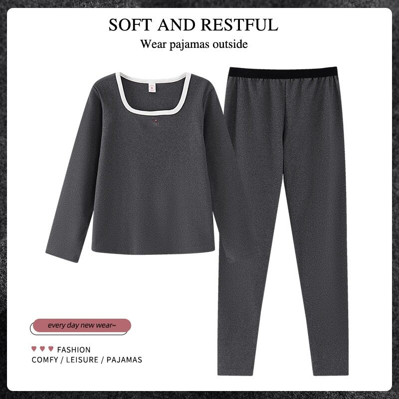 睡衣女秋冬季新款德绒保暖家居服套装纯色长袖长裤两件套内穿外