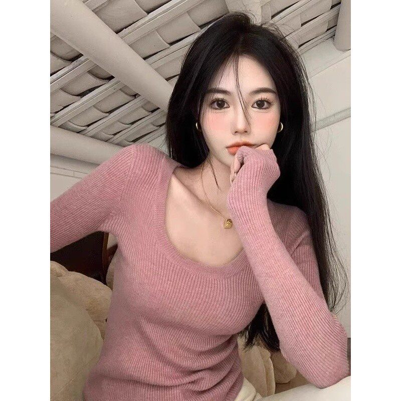 甜美粉色u领针织衫上衣女秋冬内搭打底衫正肩修身短款毛衣长袖秋