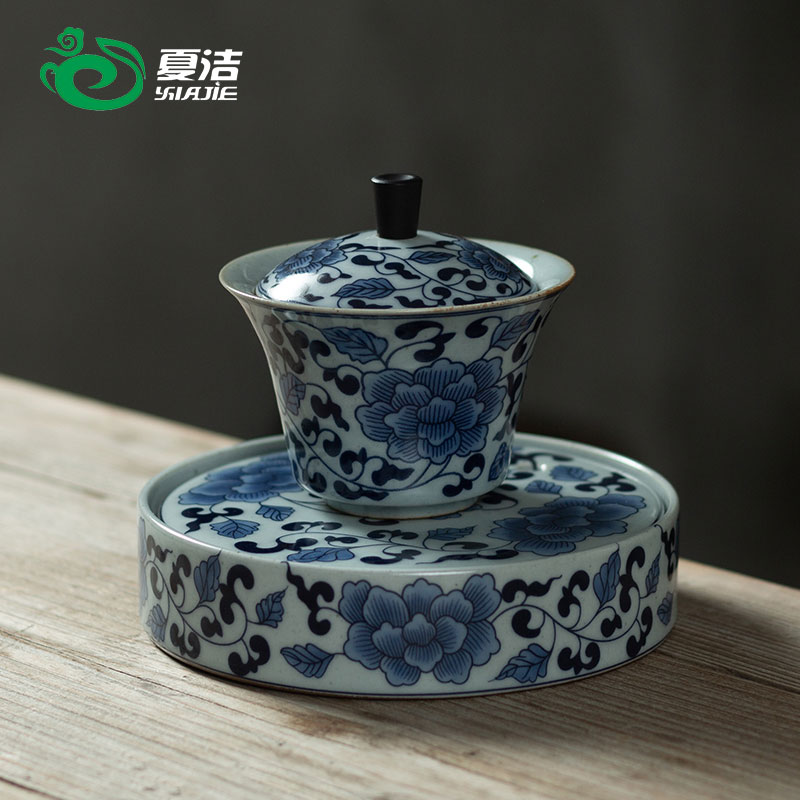 盖碗茶杯大号单个三才泡茶碗壶承复古青花陶瓷家用功夫茶具配件