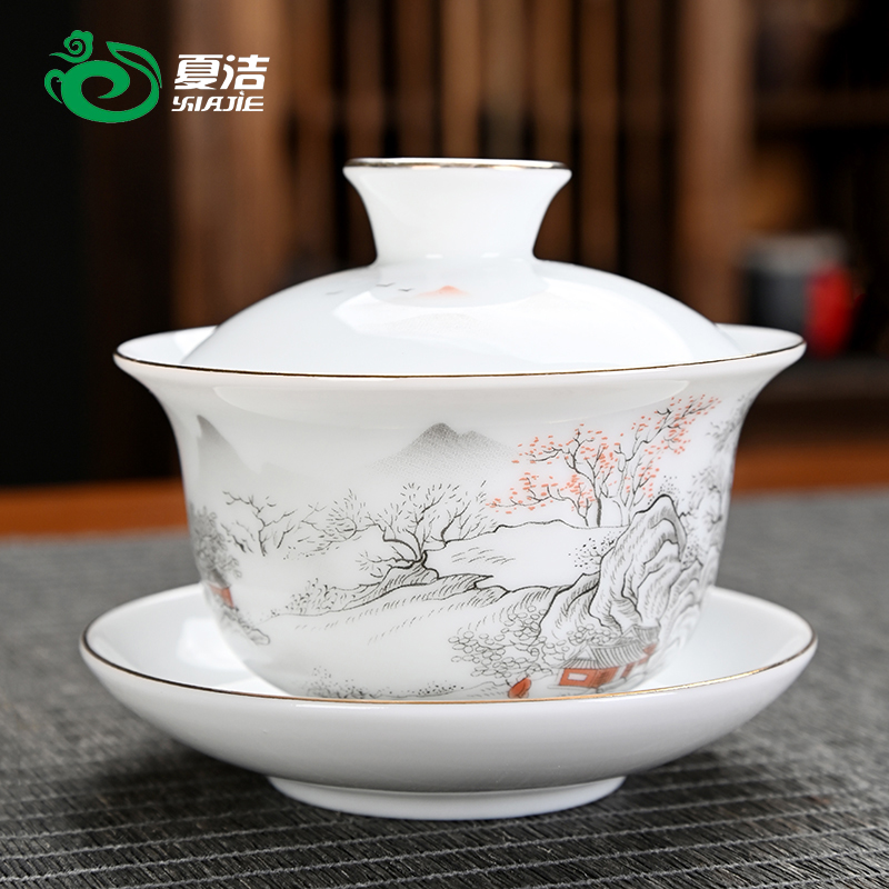 羊脂玉白瓷三才盖碗茶杯大号陶瓷茶具家用薄胎骨瓷茶碗盖子单卖