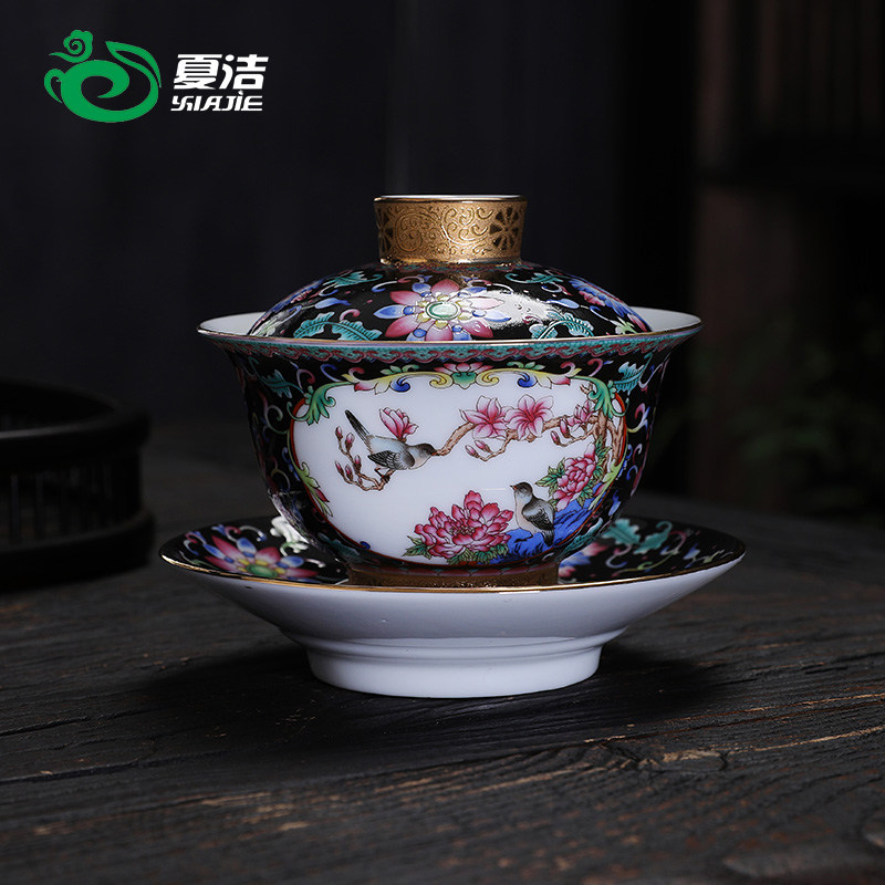夏洁珐琅彩盖碗花鸟图案茶具套装家用泡茶器手绘陶瓷描金工艺中式,餐饮具,盖碗,淘宝优惠券,粉丝福利购,淘宝优惠卷