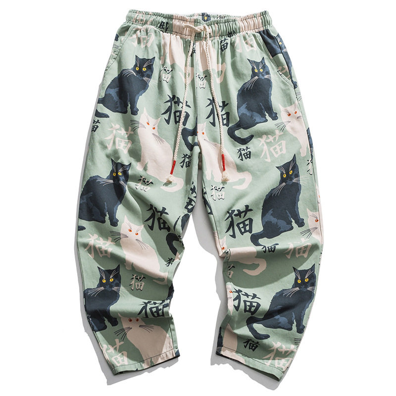 中国风夏装宽松日系印花做旧加肥加大码9分裤 青少年男裤子批发