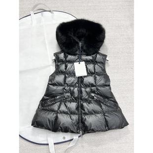 2025年冬季新款连帽羽绒马甲女收腰毛领拉链黑色马甲外套百搭上衣