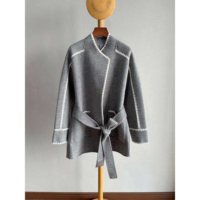 2025秋冬新款女V领系带毛呢大衣中长款双面滚边大衣短款外套