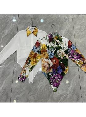 2026年夏季新款休闲风印花长袖衬衫女翻领系结收腰文艺范衬衣