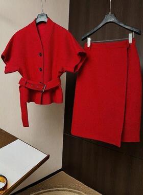 2025早秋新款短袖无领套装短袖上衣半裙气质时尚通勤短外套半身裙