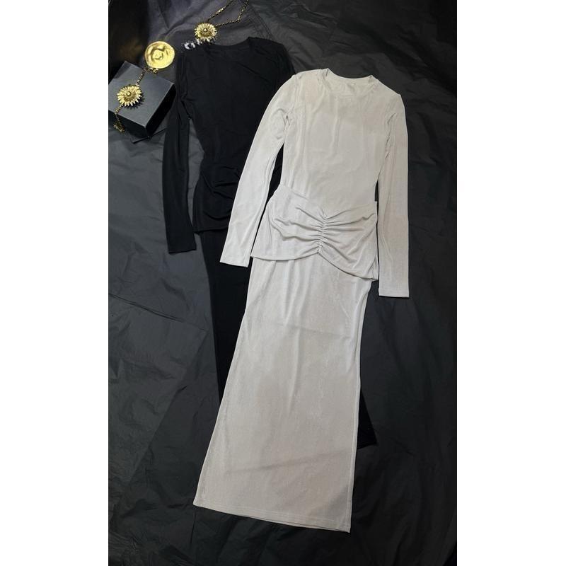 优雅长袖连衣裙女2026春季新款修身显瘦百搭拼接长裙针织连衣裙