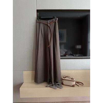 2026年夏季新款简约休闲风高腰系带阔腿裤女灰色直筒裤显瘦百搭