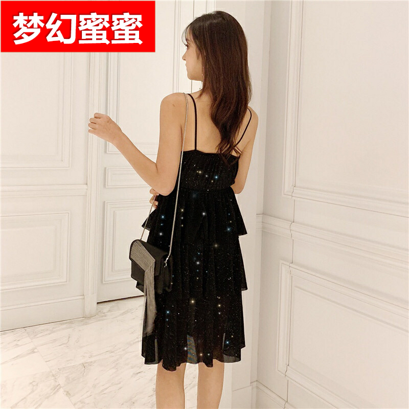 超仙蛋糕裙女2020春夏赫本风bling无袖V领显瘦打底内搭吊带连衣裙