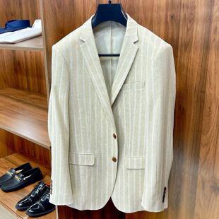 商务休闲 男士 K家亚麻色织鱼骨纹竖条纹面料休闲款 驳领设计单西装