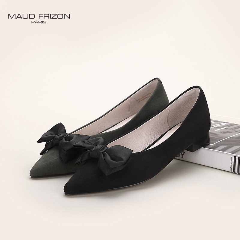 maud frizon梦飞嫦平底女单鞋反绒面蝴蝶结浅口女鞋尖头百搭美鞋