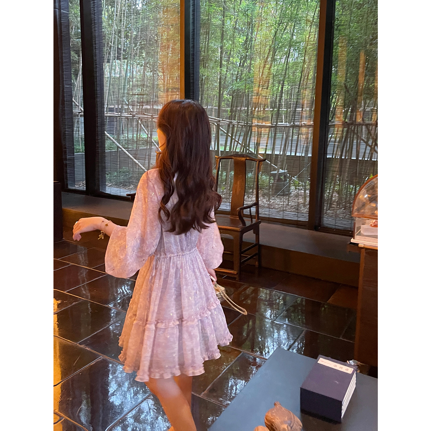 春季气质薄雾紫花仙气连衣裙