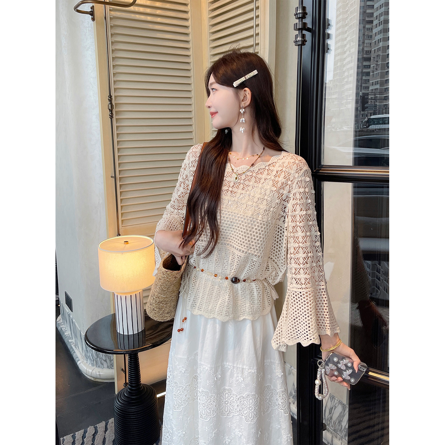 TAKIYAS SHOP 钩花镂空罩衫/配腰带