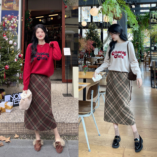 TAKIYAS SHOP 字母图案毛衣+格纹半裙