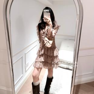 【现货】驼色针织开衫外套+碎花连衣裙韩女温柔气质女人春款