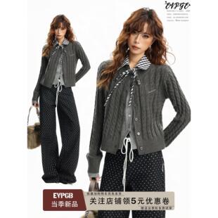 美式灰色麻花polo领假两件毛衣外套女秋冬季宽松短款针织开衫上衣