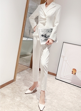 珍珠扣新款 白色西服外套气质修身西装女职业小脚裤两件套装H3718