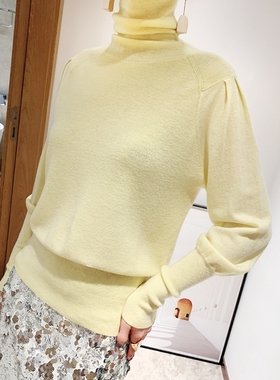 花苞肩超细全羊毛针织打底衫女秋冬新款短内搭洋气高领毛衣H4005