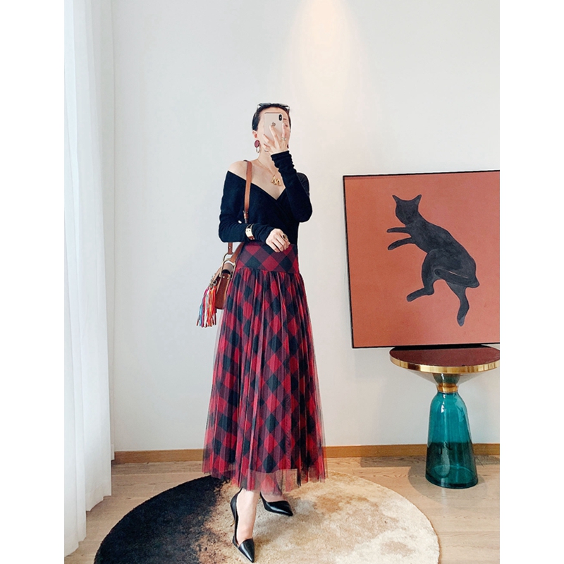 格纹高腰A字中长款网纱半身裙