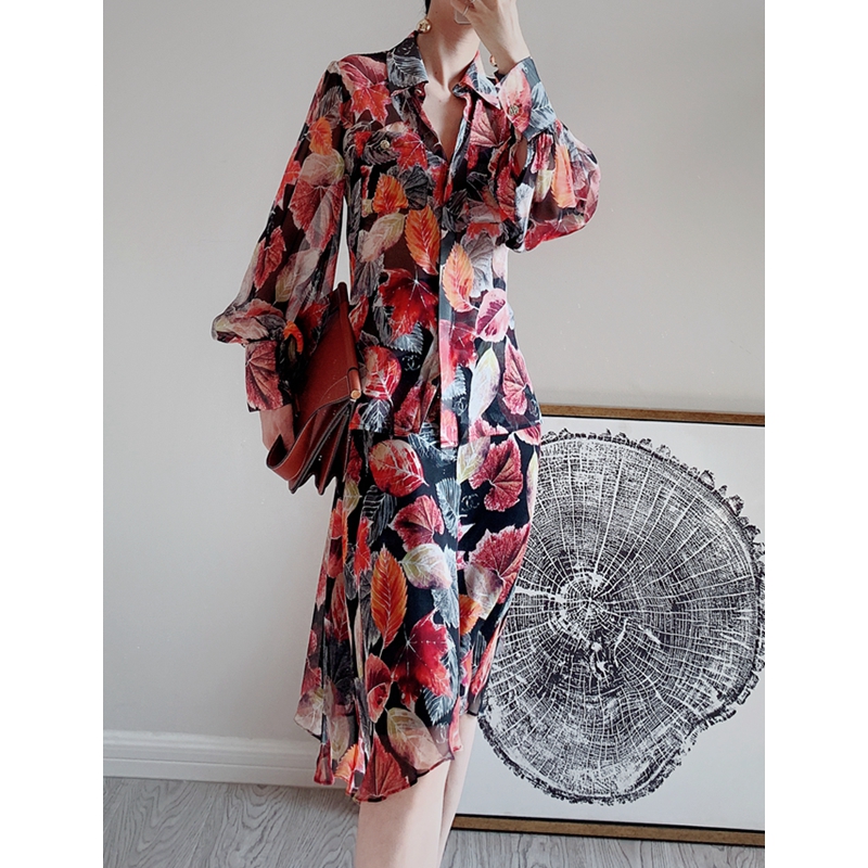 灯笼袖真丝树叶印花a字印花衬衫