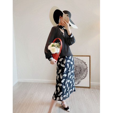 新款真丝波点V领衬衫长袖+印花A字半裙女套装S04Z50，S04Z97