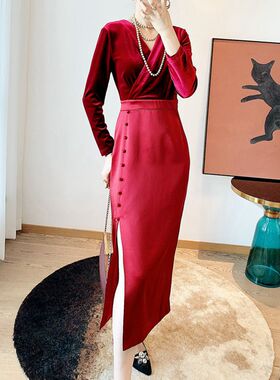 醋酸缎面+金丝绒开叉高腰收腰V领女中长款连衣裙S40Z27