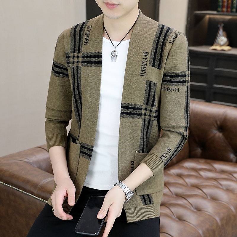 潮牌2525男士毛衣外套春秋新款时尚休闲针织开衫潮流薄款格子上衣