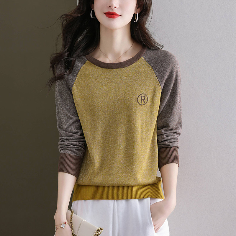 薄款针织衫拼色时尚洋气春装女2025年新款长袖上衣亮丝打底衫春秋