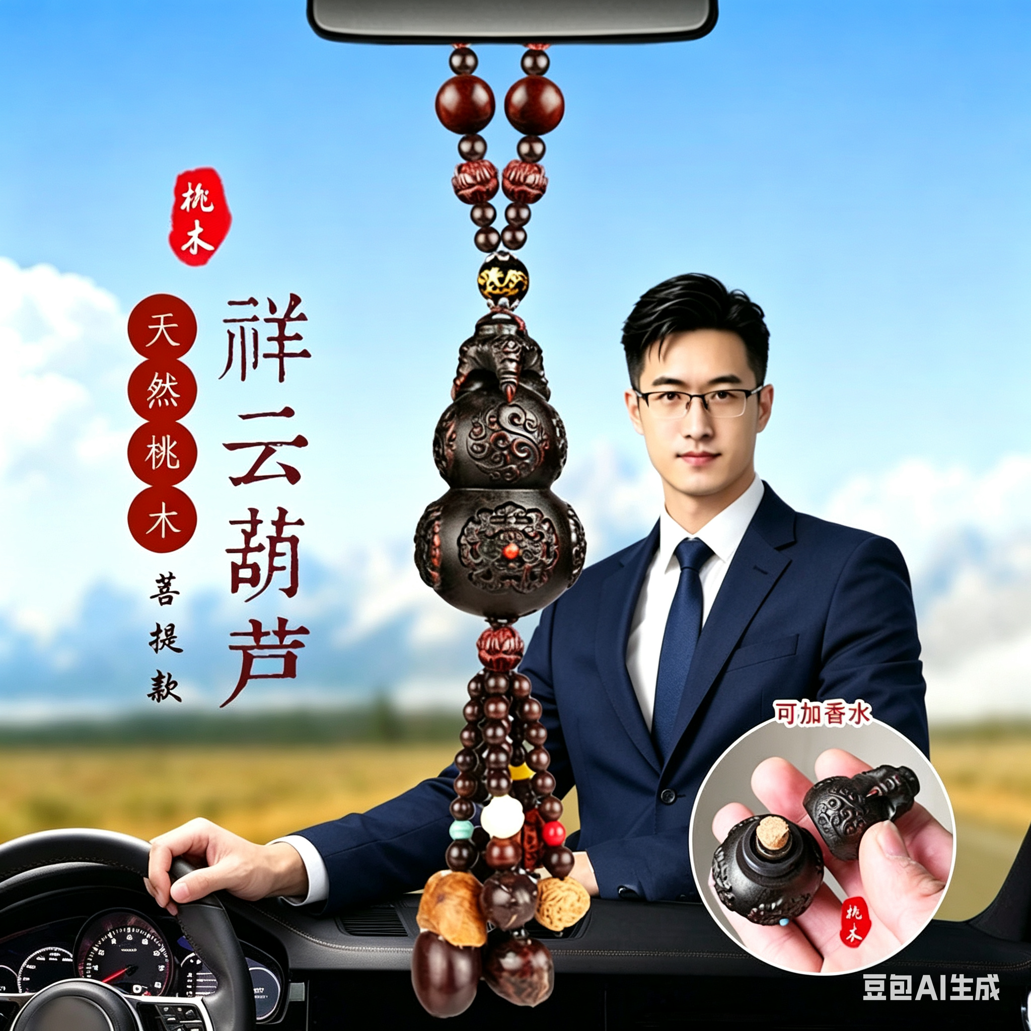 吉祥如意汽车挂件桃木香水葫芦高档车内吊饰男士车载吊坠装饰品
