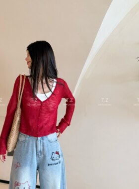 【婷子定制】~150小个子夏日百搭V领坑条透视防晒针织开衫26082