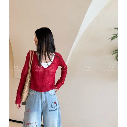 【婷子定制】~150小个子夏日百搭V领坑条透视防晒针织开衫26082