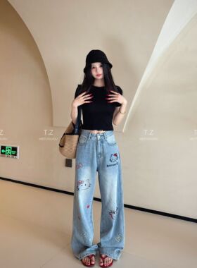 【婷子定制】~150小个子改版夏款HelloKitty卡通刺绣牛仔裤2678