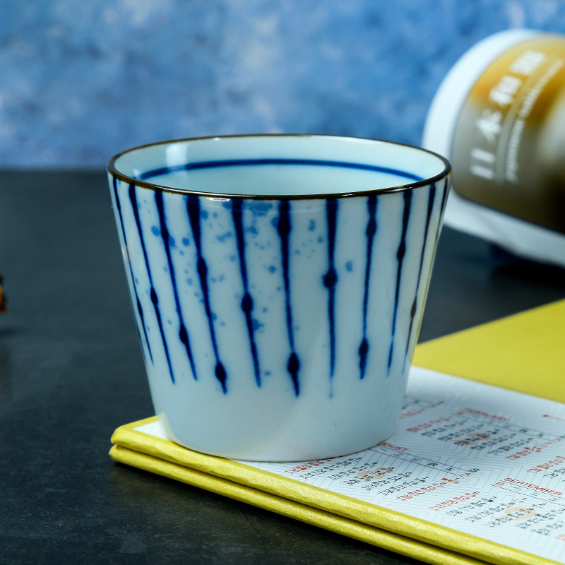 日本进口日式蓝白条纹陶瓷茶杯