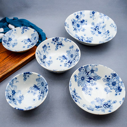 日本进口陶瓷花集有古窑浮雕青花瓷餐具日式米饭碗汤盘汤碗小钵子