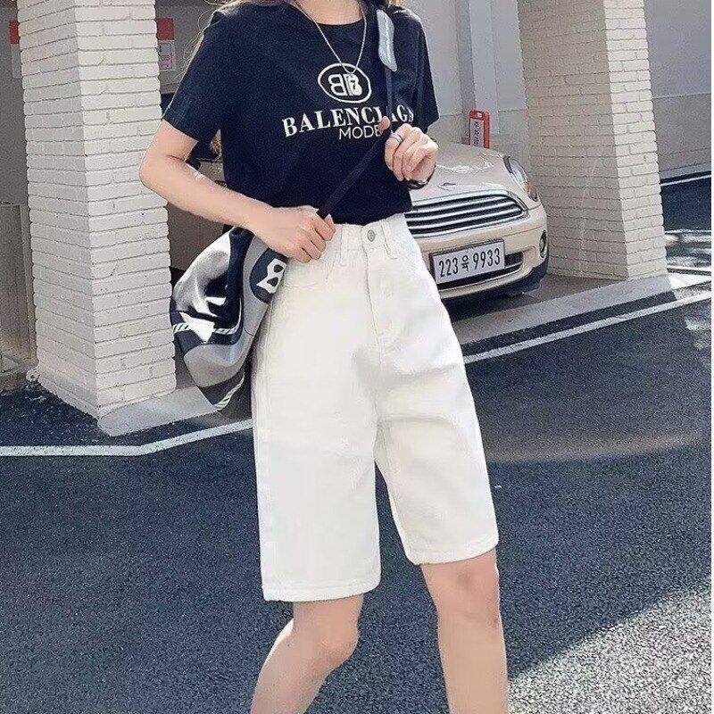 白色直筒牛仔短裤女夏薄款五分裤高腰宽松阔腿韩版学生中裤潮ins