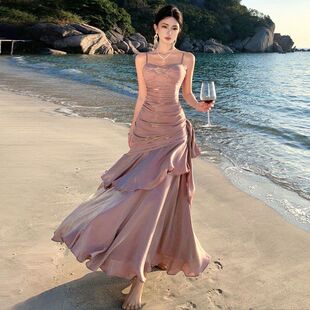 实拍人鱼姬荷叶边高端吊带连衣裙生日酒会礼服长裙海岛度假风裙子