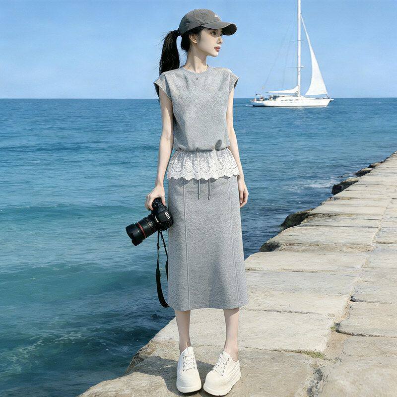 2026夏季欧货气质时尚套裙女设计感洋气灰色短袖上衣半身裙两件套