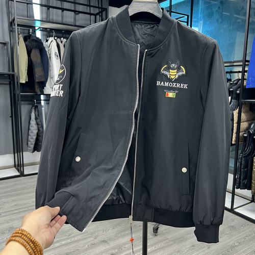 棒球领夹克衫时尚休闲贴布印花青年修身百搭茄克男士外套春秋上衣