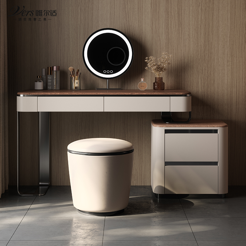 胡桃色带副柜梳妆台意式极简创意卧室化妆桌中古风高档实木化妆台