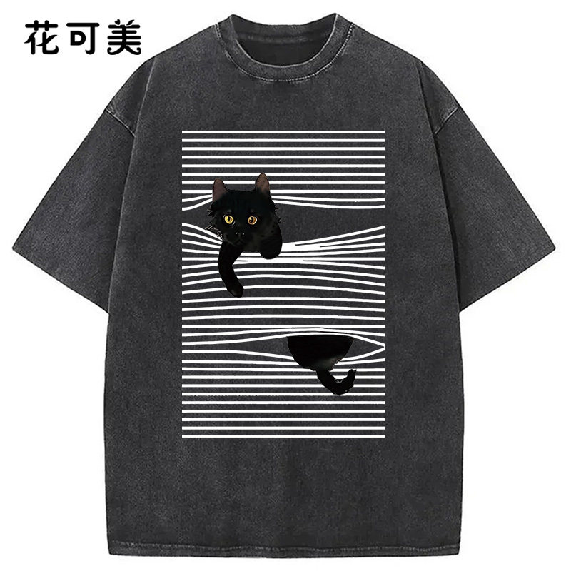 花可美美式复古猫咪印花短袖T恤男女宽松纯棉情侣街头风