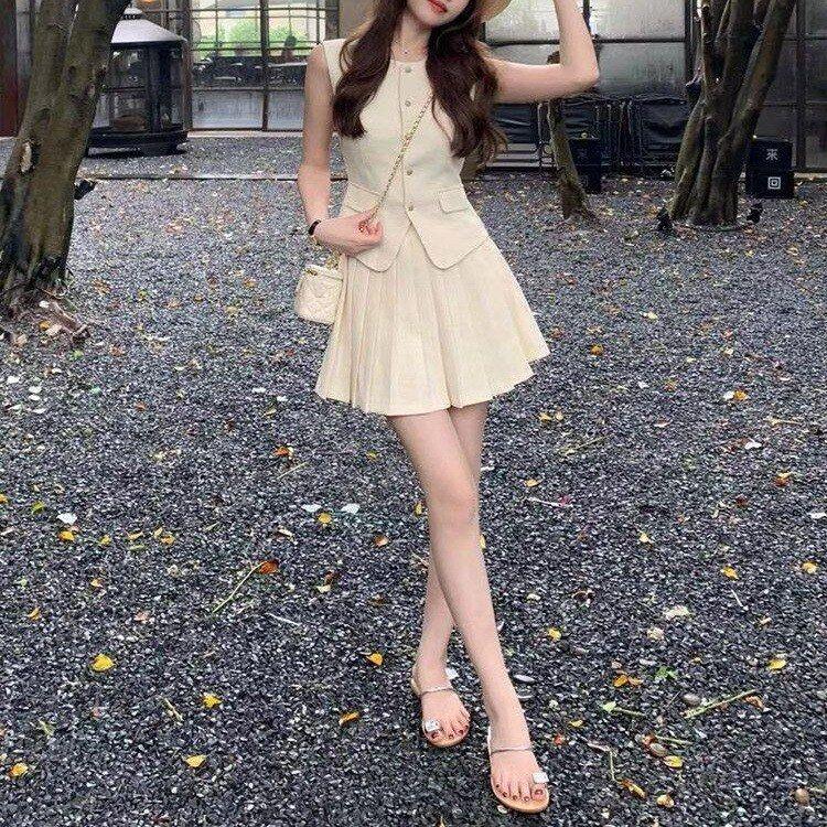 法式新款感名媛小香风无袖马甲女夏天高腰百褶短裙复古气质两件套