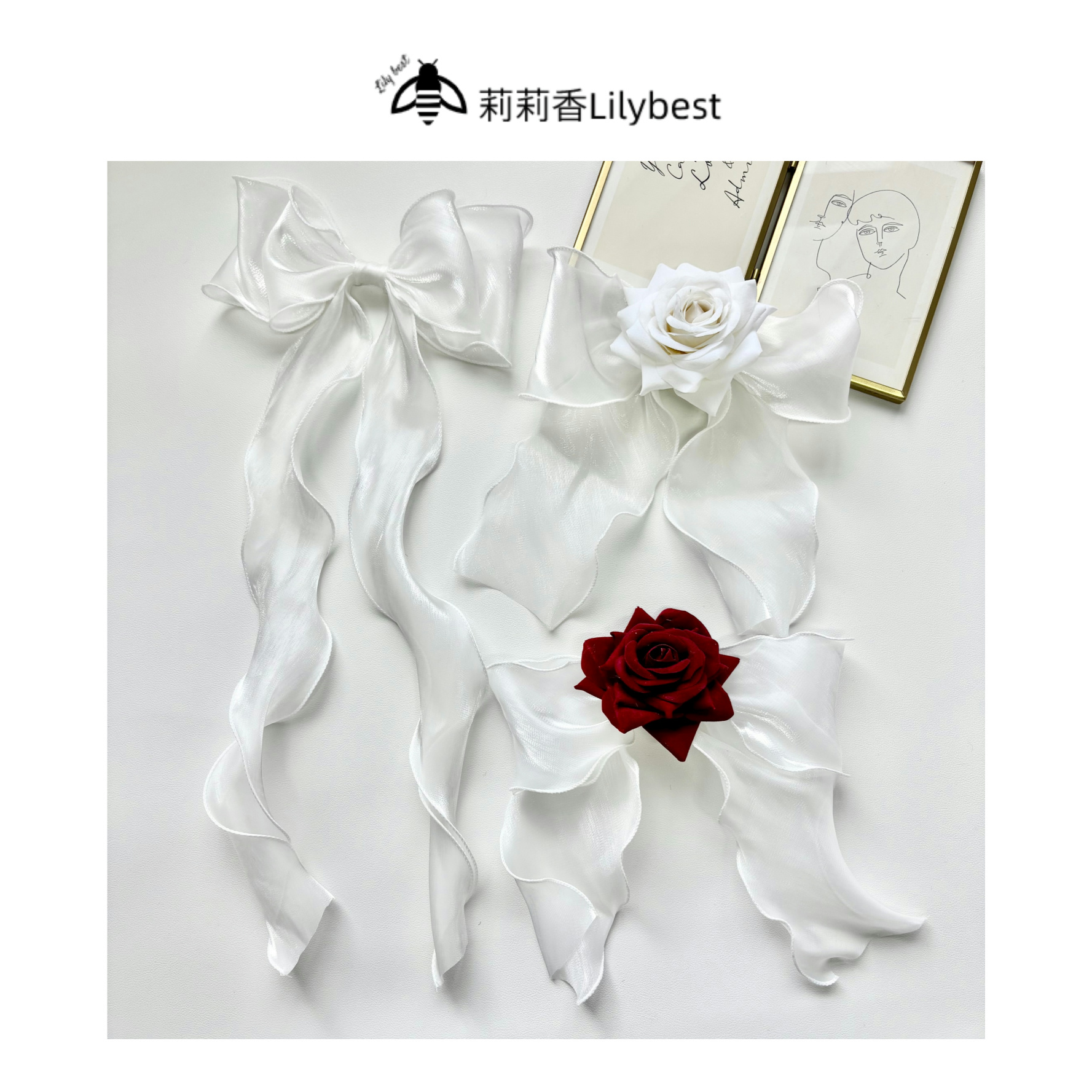 莉莉香白玫瑰欧根纱蝴蝶结