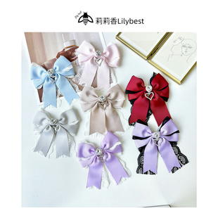 日系胸针洛丽塔蕾丝爱心吊坠蝴蝶结服装配饰领结女甜美可爱灰粉色