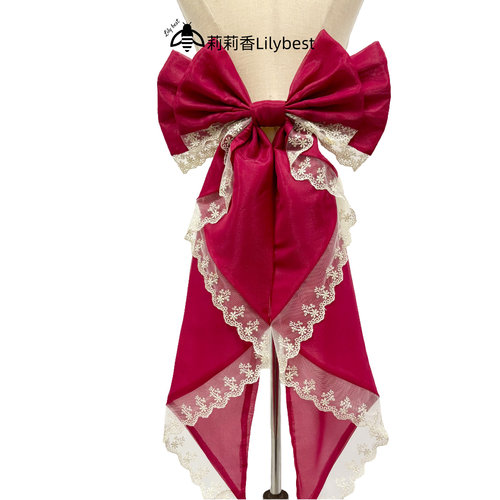 酒红金色蕾丝花边拖尾蝴蝶结欧根纱手作lolita后背大号配饰别针