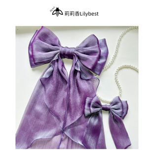 紫色拖尾蝴蝶结亮丝双层蝴蝶结别针可拆卸手作lolita后背腰间配饰