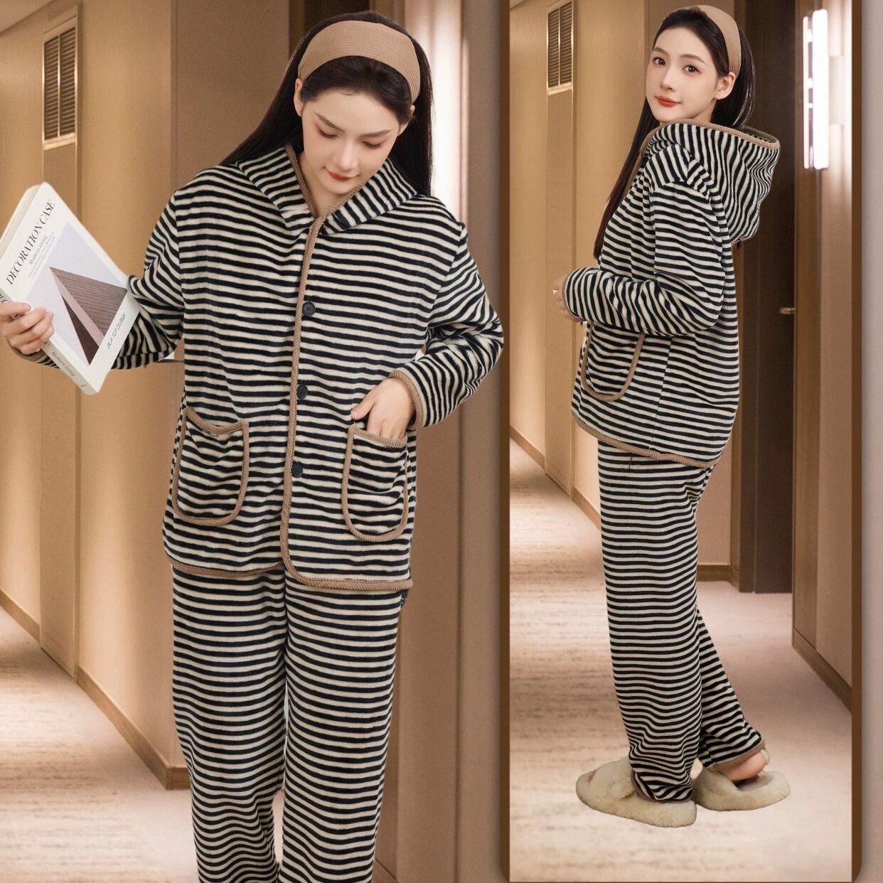 黑白斑连帽家居服女秋冬新款加绒加厚珊瑚绒睡衣外穿大码保暖套装