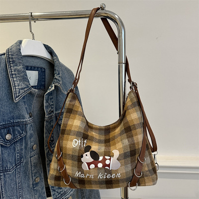 韩版格纹包快乐波点狗大容量单肩购物袋刺绣慵懒风多用双肩托特包